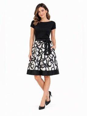 Talbots Black and White Patterned A-Line Skirt